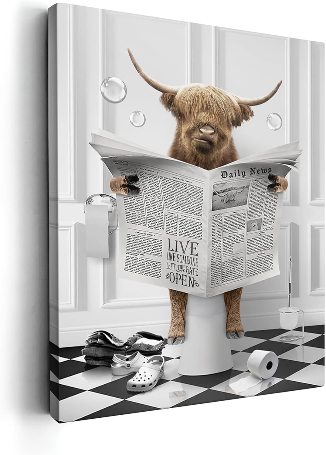 Asdg12s-Highland Cow Sitting in Toilet Wall Art Funny Highland Cow Pictures Cow Sitting in Toilet Reading Newspaper Canvas Print Wall Décor for Farmhouse Bathroom Toilet Framed Artwork 16x24 inch
